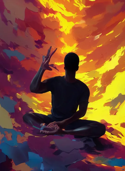 Image similar to detailed digital painting of young black man dreaming floating cmyk text and complex algorithms, dramatic pose by artstation, fanart behance hd by jesper ejsing, by rhads, makoto shinkai and lois van baarle, ilya kuvshinov, rossdraws, enter the matrix, global illumination, radiant light, detailed and intricate environment