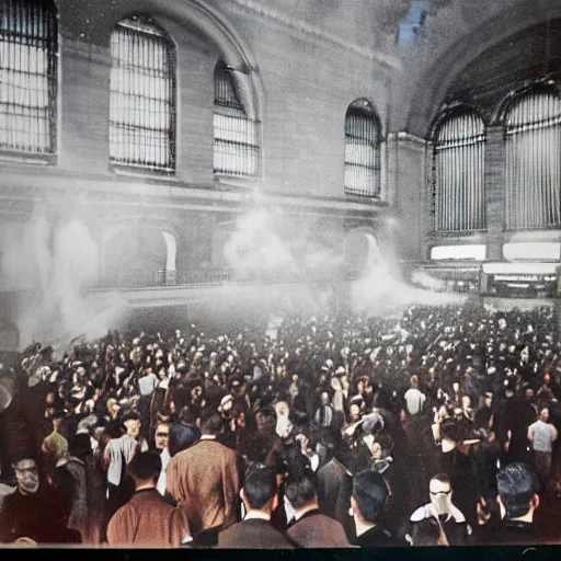 Image similar to colorized photo of water - balloon fight in grand central station 1 9 2 3