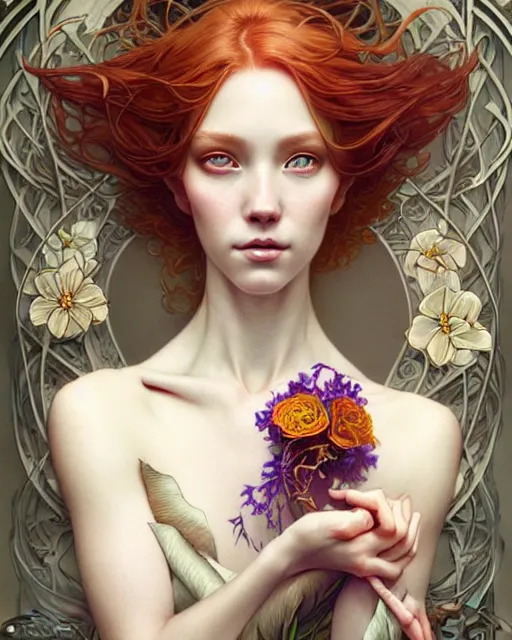 Prompt: Beautiful and playful ethereal ginger portrait, art nouveau, fantasy, intricate flower designs, elegant, highly detailed, sharp focus, art by Artgerm and Greg Rutkowski and WLOP