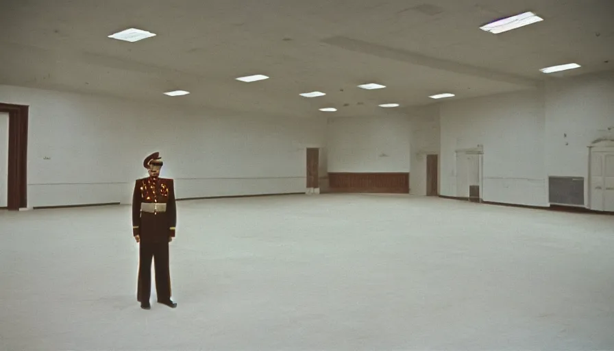 Prompt: 60s movie still of a sovietic stalinist style empty ballroom with one soviet guard standing, cinestill 800t 50mm eastmancolor, liminal Space style, heavy grain-s 150