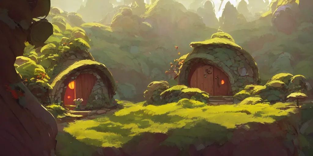 Image similar to magic hobbit mushrooms house in mountains, by cory loftis & akihiko yoshida & james gilleard & atey ghailan & makoto shinkai & goro fujita & studio ghibli, rim light, exquisite lighting, clear focus, magic atmosphere, very coherent, plain background, soft painting