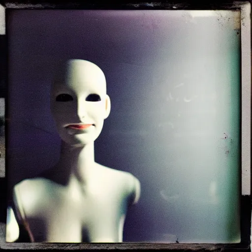 Image similar to an uncanny photograph of a mannequin with a wide smile in a dimly lit abandoned warehouse, creepy, liminal, flash photography, polaroid i-Type film