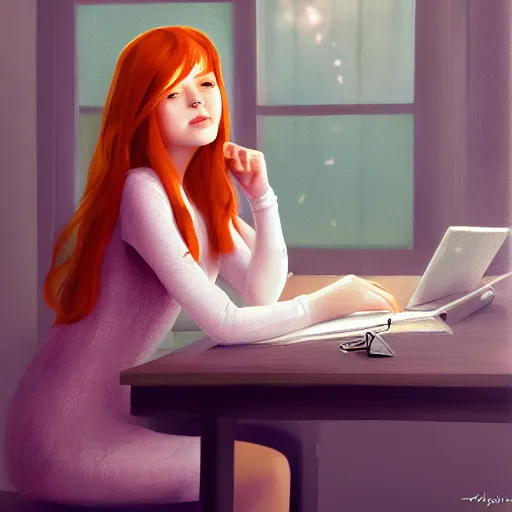 Prompt: cute young redhead girl sitting at her desk in bedroom, soft round face, digital painting, wlop, ultra realistic, perfect lighting, high contrast, bokeh, hasselblad, detailed, trending on artstation