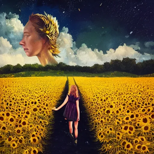 Image similar to huge sunflower head, girl walking in wheat field, hills, surreal photography, dark night, star trails, dramatic light, impressionist painting, clouds, digital painting, artstation, simon stalenhag