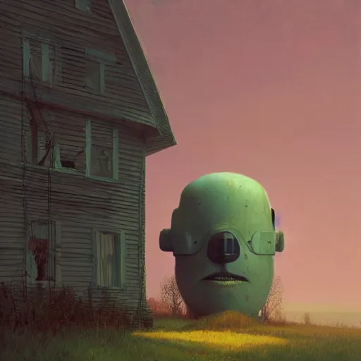 Prompt: House looking like a human head by Stalenhag, Simon