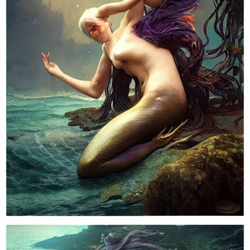 Image similar to a sad mermaid covered in an oil spill, ultra realistic, concept art, intricate details, highly detailed, photorealistic, octane render, 8 k, unreal engine. art by artgerm and greg rutkowski and magali villeneuve and alphonse mucha