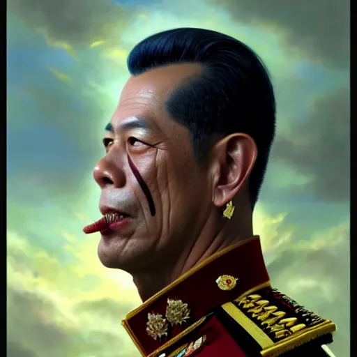 Prompt: a portrait of King Vajiralongkorn picking his nose, realistic face, grimdark extremely detailed fantasy art by Gerald Brom, octane render