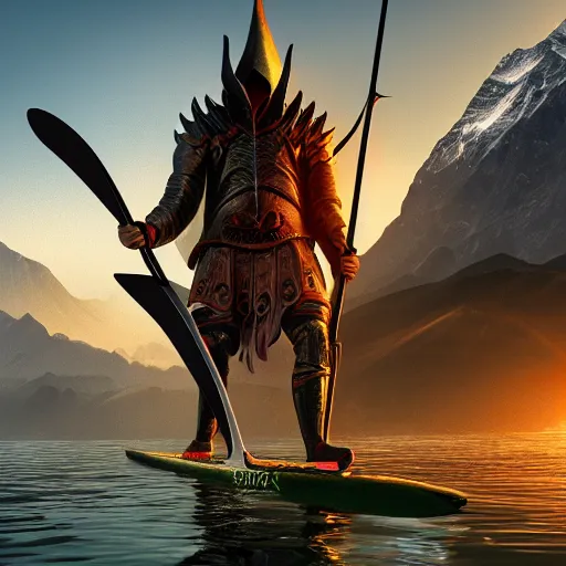 Image similar to lord sauron on his new paddle fishing a giant swordfish, mt everest background, digital art, trending on art station, high quality, uhd 8 k, beautiful, golden hour, intricate detail, high gradient, raytracing