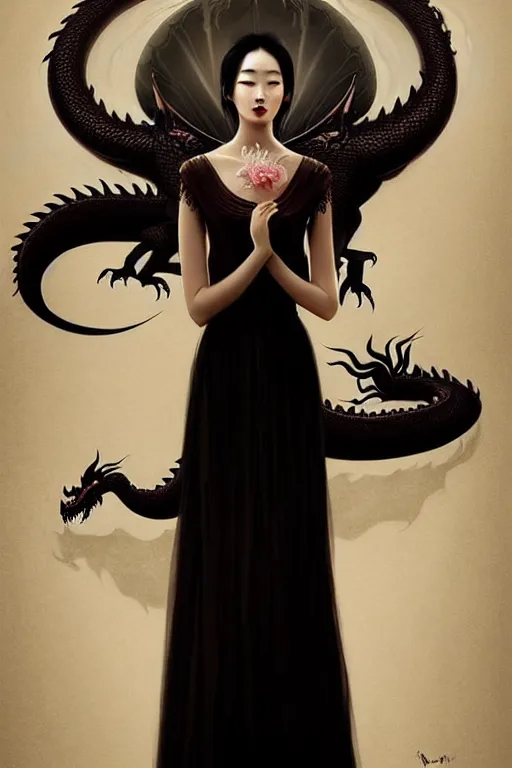 Prompt: chinese princess in a long silk dress, pale, beautiful symmetric face, kissing a black giant dragon, fantasy art, highly detailed art, cinematic atmosphere, volumetric lighting, glow, trending on artstation, by wlop, by le vuong, by tom bagshaw