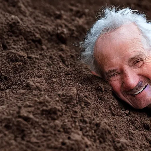 Prompt: a smiling old man hidden under dirt