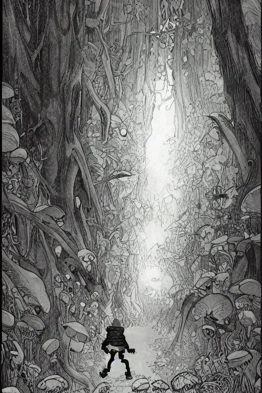 Prompt: young boy entering a huge mysterious and ominious forest with a monster in the distance, path, mushrooms, very graphic illustration by jean giraud and mike mignola, drawing, yoshitaka amano vibe, clean line, colorful comics style, dynamic light