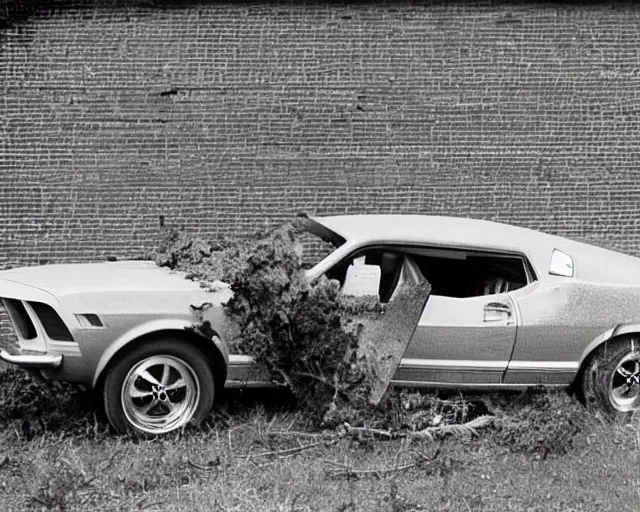 Prompt: 1973 photo of mustang wrecked into brick wall retro film picture