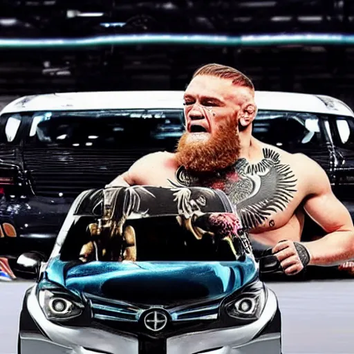 Image similar to a humanoid car wrestling conor mcgregor, ultra detailed, ultra realistic