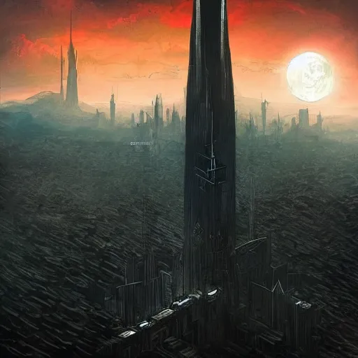 Image similar to the dark tower looms at the axis of worlds, artstation.