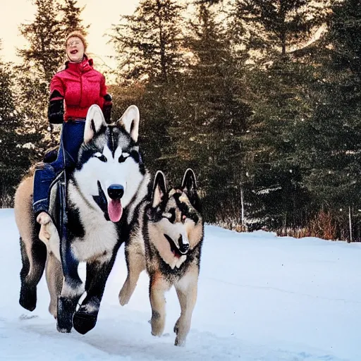 Prompt: girl riding a giant husky in the snow