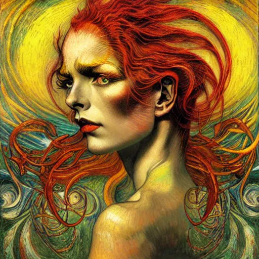 Image similar to Divine Chaos Engine by Karol Bak, Jean Delville, and Vincent Van Gogh, feminine, in the style of William Blake and Van Gogh