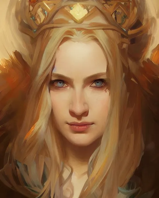 Image similar to '' Portrait of Beautiful blonde Slavic woman, league of legends, LOL, fantasy, d&d, digital painting, artstation, concept art, sharp focus, illustration, art by greg rutkowski and alphonse mucha ''