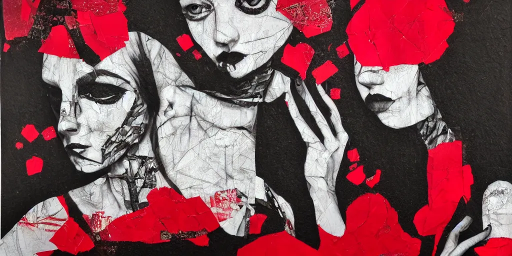 Prompt: rendered in blender flowerpunk girl, red and black, collage paper and tape, acrylic on canvas, hyperrealism mixed with expressionism, high resolution, cinematic, unreal 6, breathtaking detailed, by blake neubert