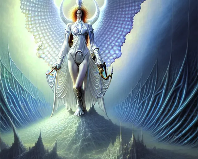 Image similar to the stronghold of white light and angels, fantasy character portrait made of fractals facing each other, ultra realistic, wide angle, intricate details, the fifth element artifacts, highly detailed by peter mohrbacher, hajime sorayama, wayne barlowe, boris vallejo, aaron horkey, gaston bussiere, craig mullins