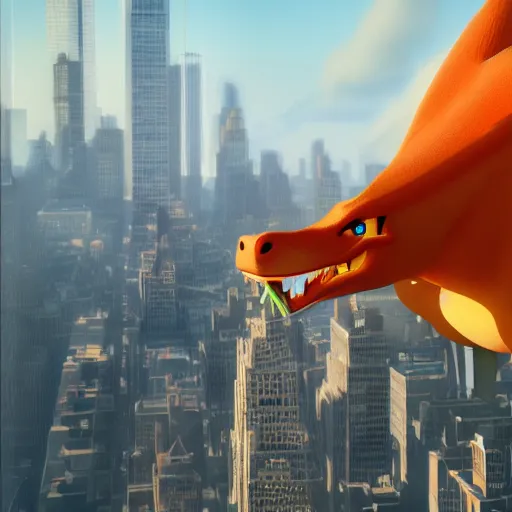 Image similar to charizard flying above new york, high detail shot, smoking, render, cgsociety, photorealism