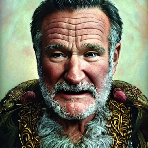 Image similar to an ultradetailed portrait of robin williams dressed as sheogorath, floating in the air with magic, the elder scrolls, fantasy, intricate, elegant, highly detailed, digital painting, matte, sharp focus, illustration, art by john collier and albert aublet and krenz cushart and artem demura and alphonse mucha