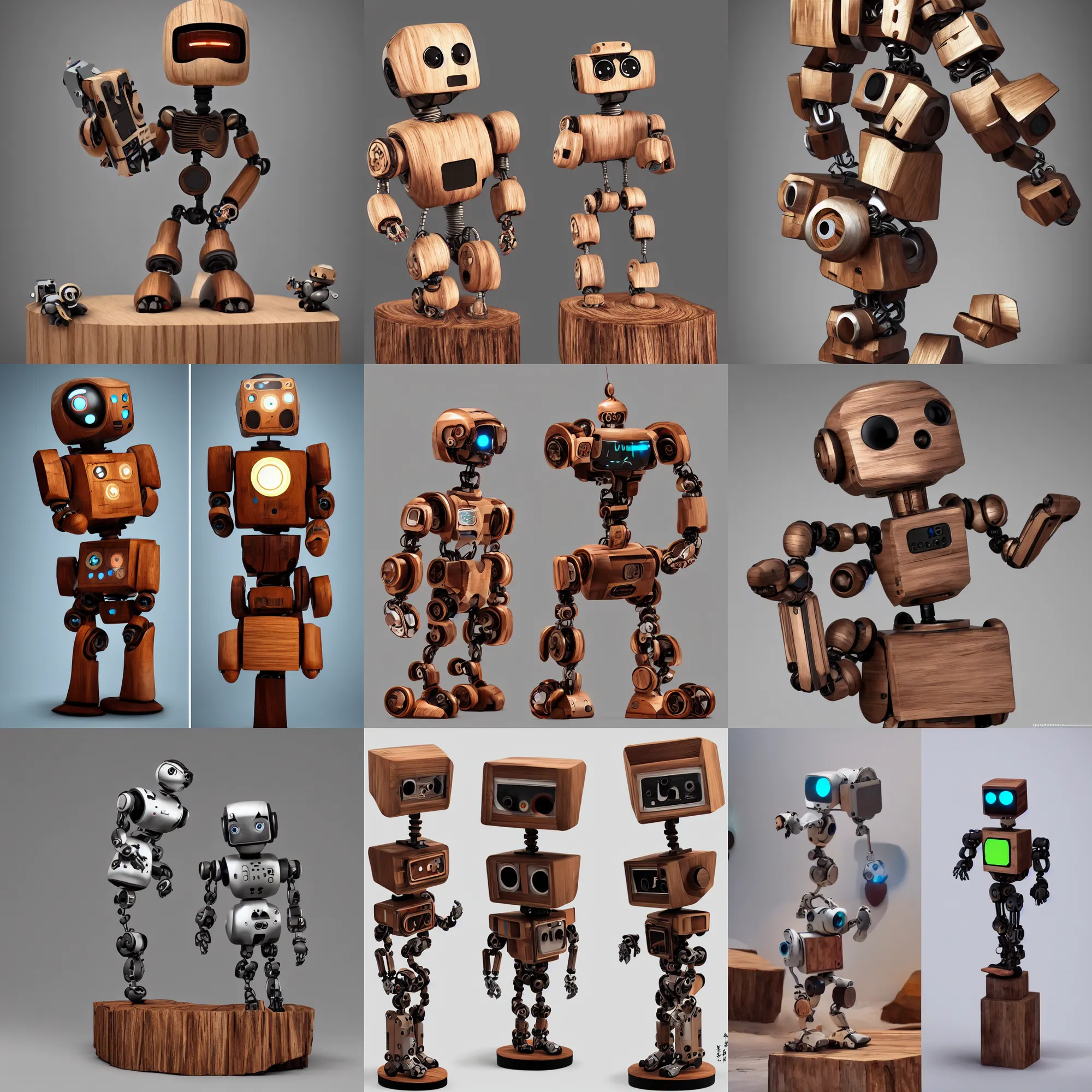 Prompt: 8 k photorealistic, a wooden art toys on a pedestal, cute robot wooden, cyberpunk, concept art, contemporary art gallery, art by ngai, victo