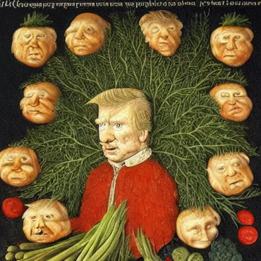 Image similar to very aged medieval painting of donald trump made of vegetables, by giuseppe arcimboldo
