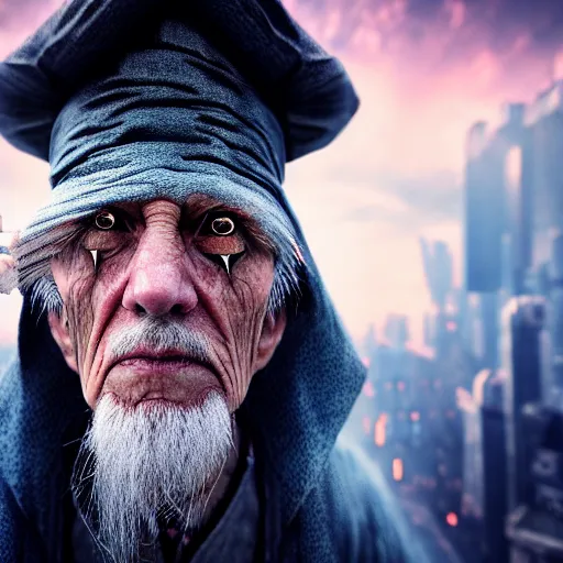 Image similar to an very old wizard is is a cyborg, half his face is technology, cyberpunk, exobiology, hyper realistic, hyper detailed, realistic picture, epic game, high angle shot, Long shot, 4k post-processing highly detailed, , 35mm, Kodachrome film, photograph