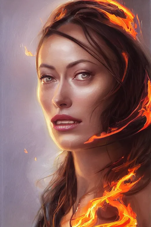 Image similar to a professionally painted portrait of Olivia Wilde, clothed in flames, olive skin, long dark hair, beautiful bone structure, symmetrical facial features, intricate, elegant, digital painting, trending on Artstation, concept art, smooth, sharp focus, illustration, from Metal Gear by Ruan Jia and Mandy Jurgens and Artgerm and William-Adolphe Bouguerea, award winning