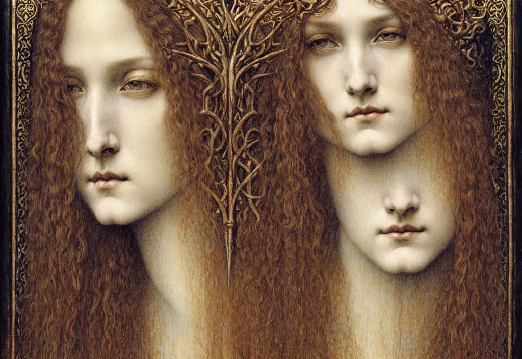 Image similar to detailed realistic beautiful young medieval queen face portrait by jean delville, gustave dore and marco mazzoni, art nouveau, symbolist, visionary, gothic, pre - raphaelite. horizontal symmetry