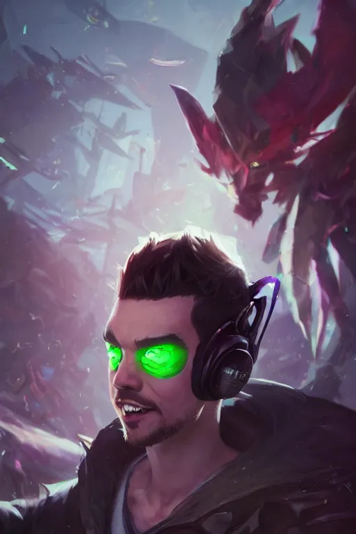 Prompt: a portrait of the YouTuber jacksepticeye in the style of league of legends by Greg Rutkowski, Sung Choi, Mitchell Mohrhauser, Maciej Kuciara, Johnson Ting, Maxim Verehin, Peter Konig, final fantasy , mythical, 8k photorealistic, cinematic lighting, HD, high details, atmospheric,