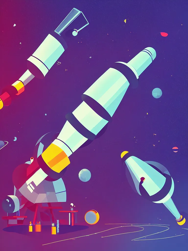 Image similar to editorial illustration scientific lab test tube telescope microscope spaceship, dynamic composition, detailed, matte print, dynamic perspective, colorful modern, mads berg