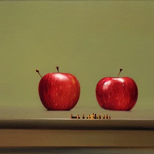 Image similar to two apples playing chess, realistic oil paint