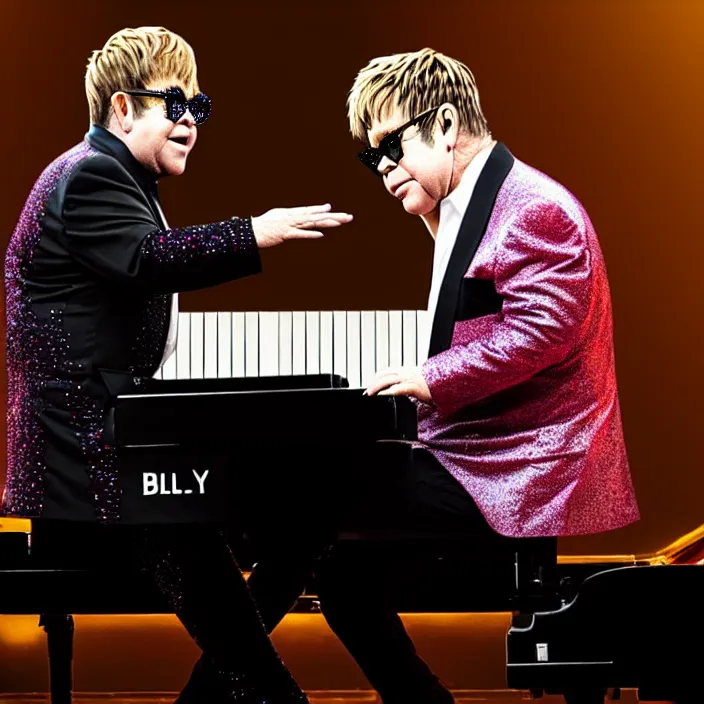 Image similar to hyper realistic, high detail photo of elton john and billy joel playing the piano, beautiful, dreary lighting