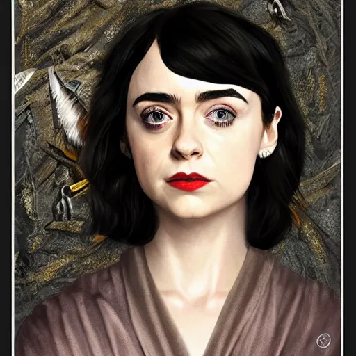 Image similar to a combination of Maisie Williams, Krysten Ritter, Anne Hathaway and Natalia Dwyer Christina Ricci and Lily Collins by Remedios Varo