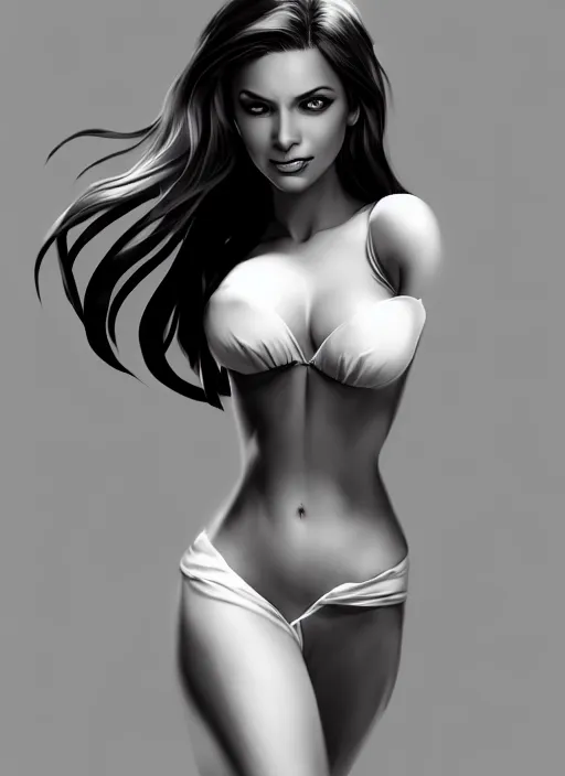 Image similar to full body portrait of a beautiful woman in black and white, photorealistic, hair down to waist, art by diego fazio and diegoKoi and artgerm, concept art, hyper sharp focus, 8k highly detailed