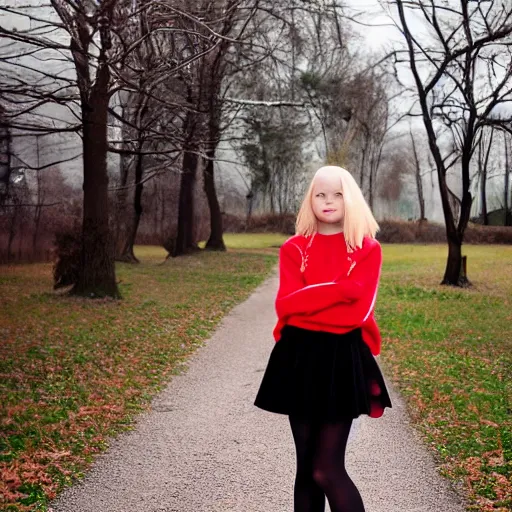 Prompt: of long blond hair teenage girl wearing red sweater with short black skirt and high heal shoes