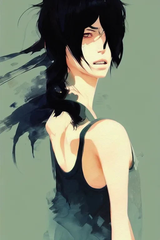 Image similar to a ultradetailed beautiful painting of a stylish woman with a white tank top, she has short black hair with bangs, by conrad roset, greg rutkowski and makoto shinkai trending on artstation