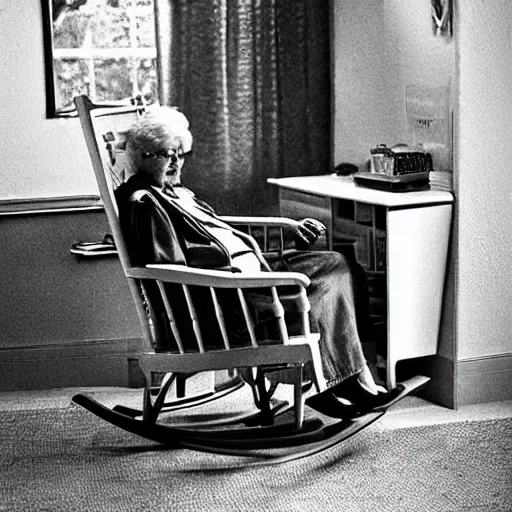 a grandma sitting in a rocking chair with cyborg Stable Diffusion