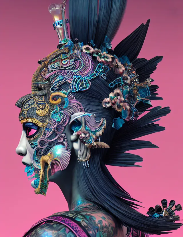 Image similar to 3 d goddess close - up profile portrait punk with mohawk with ram skull. beautiful intricately detailed japanese crow kitsune mask and clasical japanese kimono. betta fish, jellyfish phoenix, bio luminescent, plasma, ice, water, wind, creature, artwork by tooth wu and wlop and beeple and greg rutkowski