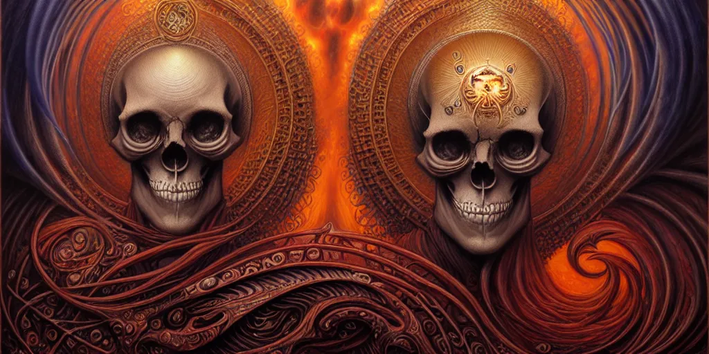 Image similar to A beautiful detailed orixa, tarot card, by tomasz alen kopera and Justin Gerard, symmetrical features, ominous, magical realism, texture, intricate, ornate, royally decorated, skull, skeleton, whirling smoke, embers, red adornements, red torn fabric, radiant colors, fantasy, trending on artstation, volumetric lighting, micro details, 3d sculpture, ray tracing, 8k, anaglyph effect