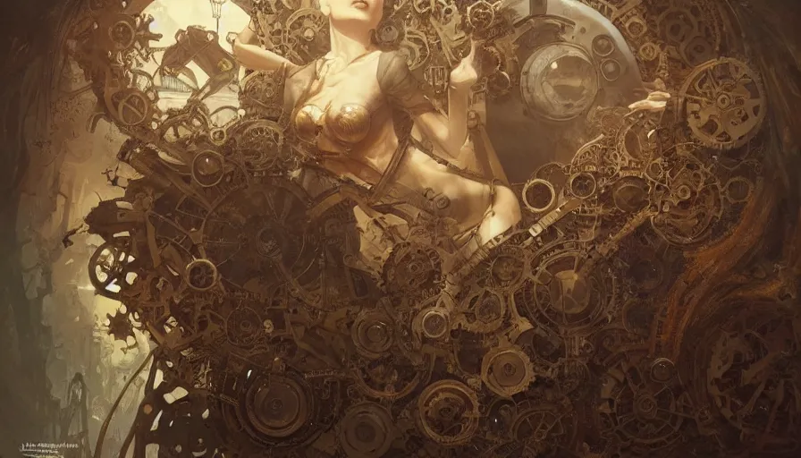 Image similar to ultra wide picture, steampunk, masterpiece, pinup, mcfarlane, fibonacci, sweat drops, insane, horror, intricate, highly detailed, digital painting, artstation, concept art, smooth, sharp focus, illustration, unreal engine 5, 8 k, art by artgerm and greg rutkowski and alphonse mucha