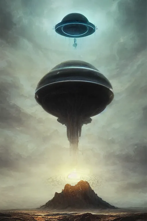 Image similar to the island of souls being visited by a large UFO, an epic painting, glinting metal, volumetric lighting, intricate, elegant, highly detailed, digital painting, artstation, concept art, smooth, sharp focus, art by Maciej Kuciara