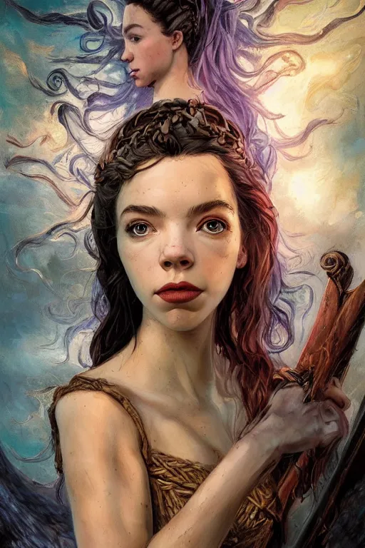 Image similar to A fantasy comic book style, portrait painting of, Anya Taylor-Joy, composite hybrid, Oona Chaplin, as a youthful, Reptilian, Atlantean Warrior, Mystical Valkyrie, Modest light Armor, Sword, Sheild, Spear, François Boucher, Oil Painting, unreal 5, DAZ, hyper-realistic, Photorealistic, octane render, Regal, Refined, Coherent, Detailed Digital Art, RPG portrait, William-Adolphe Bouguereau, Michael Cheval, Walt Disney (1937), Steampunk, Hieronymus Bosch, Golden dappled dynamic lighting, Highly Detailed, Theophanic atmosphere, Cinematic Lighting, Unreal Engine, 8k, HD