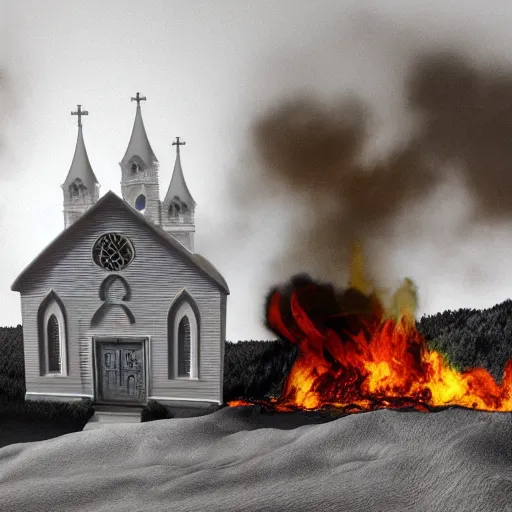 Image similar to horrifying 3d render of a homunculi with human features charging down a hill of a burning small town a white wooden church is in the distance, bloody, by wes craven, 35mm film stock