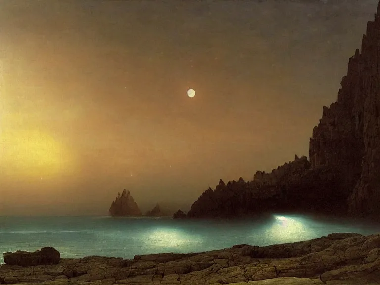 Image similar to an oil painting of an alien planet and the coastline of a black ocean at dawn, beautiful sky by beksinski carl spitzweg and tuomas korpi. baroque elements, full-length view. baroque element. intricate artwork by caravaggio. Trending on artstation. 8k