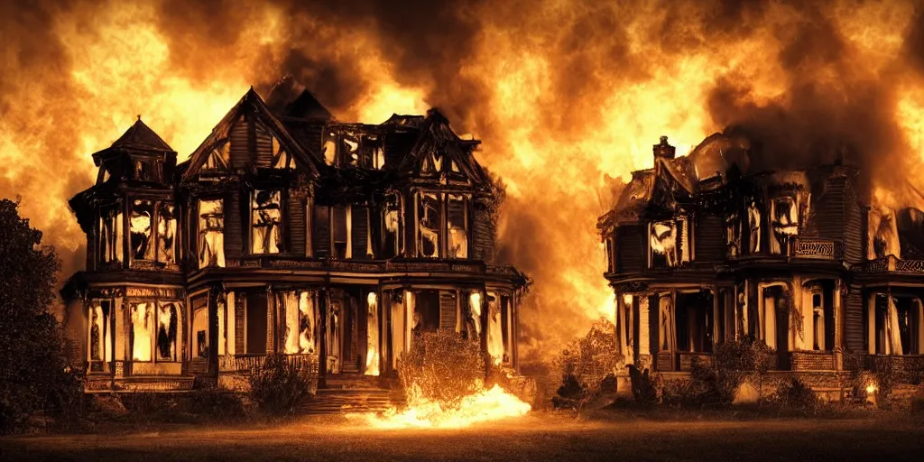 Image similar to victorian house on fire, cinematic, atmospheric, realistic