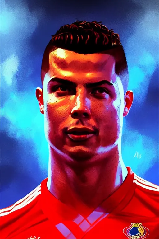 Image similar to ronaldo luis nazario da lima, football player, blue red light, haze, low contrast, digital painting, artstation, concept art, smooth, sharp focus, illustration, art by artgerm and greg rutkowski and alphonse mucha