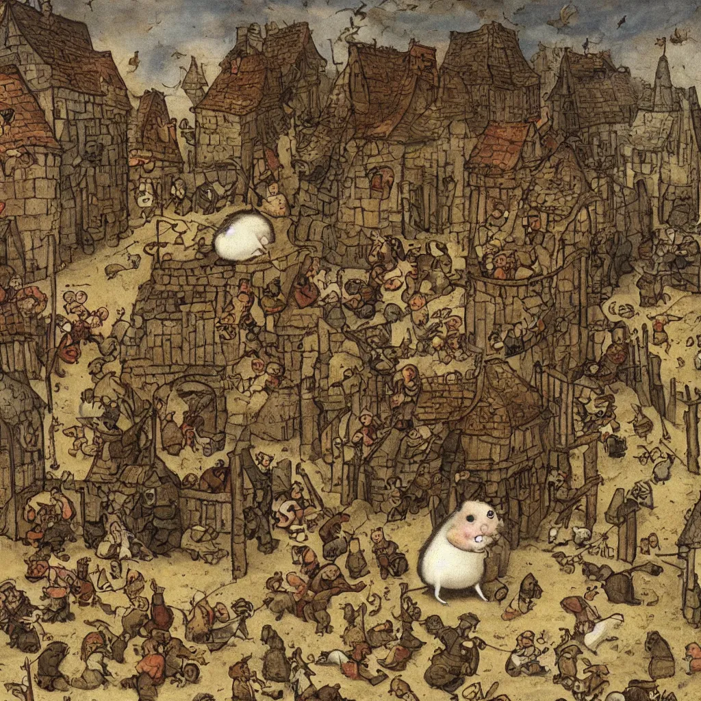 Image similar to a hamster in a medieval stockade, in the town square, crowd of angry hamsters surrounding, 1 2 th century europe theme