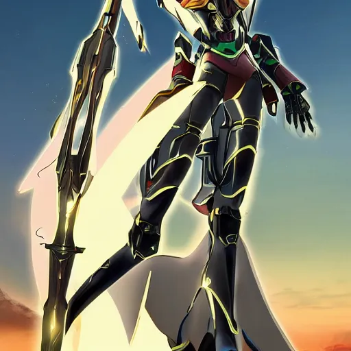 Image similar to realistic anime elegant hermetic antediluvian cyber mech warrior princess holding a lance